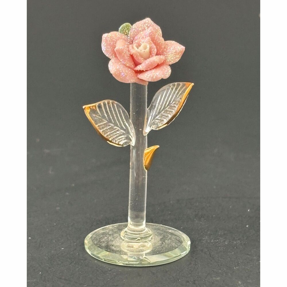 Collectable Porcelain Pink Rose Figurine Hand Blown Glass Romantic Dainty